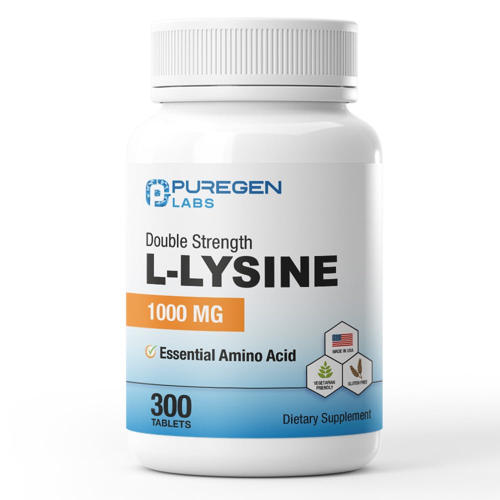 Puregen Labs L- Lysin Extra Strength 1000 MG per Tablet - 300 Servings CLAS124; High potency, Imunity and Collagen Synthesis Support, Non- GMO, NO Gluten and Dairy - 300 Tablet