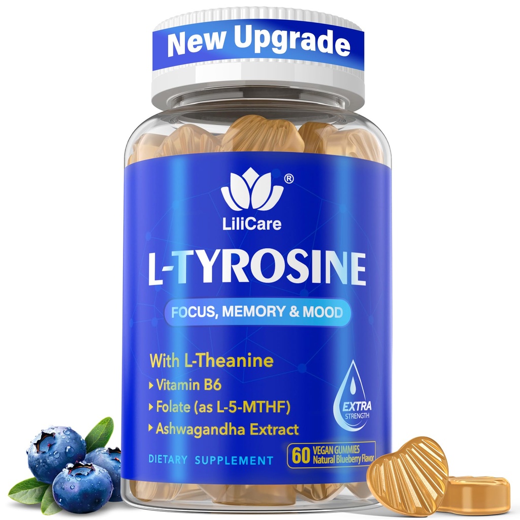 L Tyrosine Focus Supplement Gummies 1100mg pro dospělé, Mozkové doplňky pro paměť a soustředění, L-Tyrosinové gumy s Ashwagandha, I-Theanine pro klid a nálady - Vitamin B6 & B9 pro Energy- Vegan, 60ct