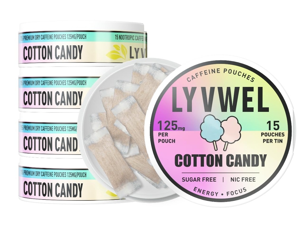 LyvWel 125mg Caffeine Energy Pouches - Clean Energy with Guarana for Focus & Stamina - 5- Pack (75 Total Pouches) (5 Pack, Cotton Candy)