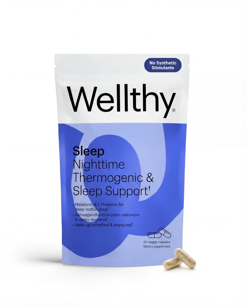 Welthy Night Time termogenní - Vitamin B6, Ashwagandha & Melatonin - Noční termogenní pro ženy - Břišní termogenní - Přírodní hubnutí doplňky pro ženy, 60ct