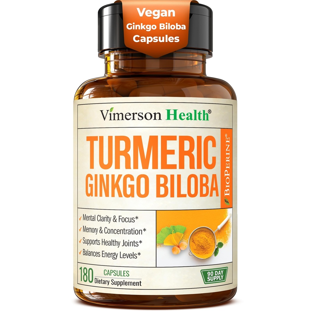 Ginkgo Biloba dodatek s kurkumin a černý pepř pro vysokou absorpci - Ginko Biloba Kapsle s kurkumou pro zaměření, Podpora paměti, Joint & Brain Health - NonGMO - 180 Vegan Kapsle