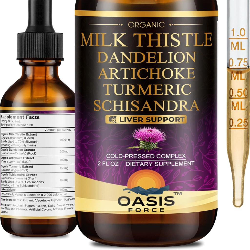 Organic Milk Thistle Extract Liquid for Equipment Cleanse Detox & Opravy, Silymarin Milk Thistle Drops Dodatek s Pampelion & Artichode pro podporu jater, Vegan, Alcohol- Free, 2 FL OZ
