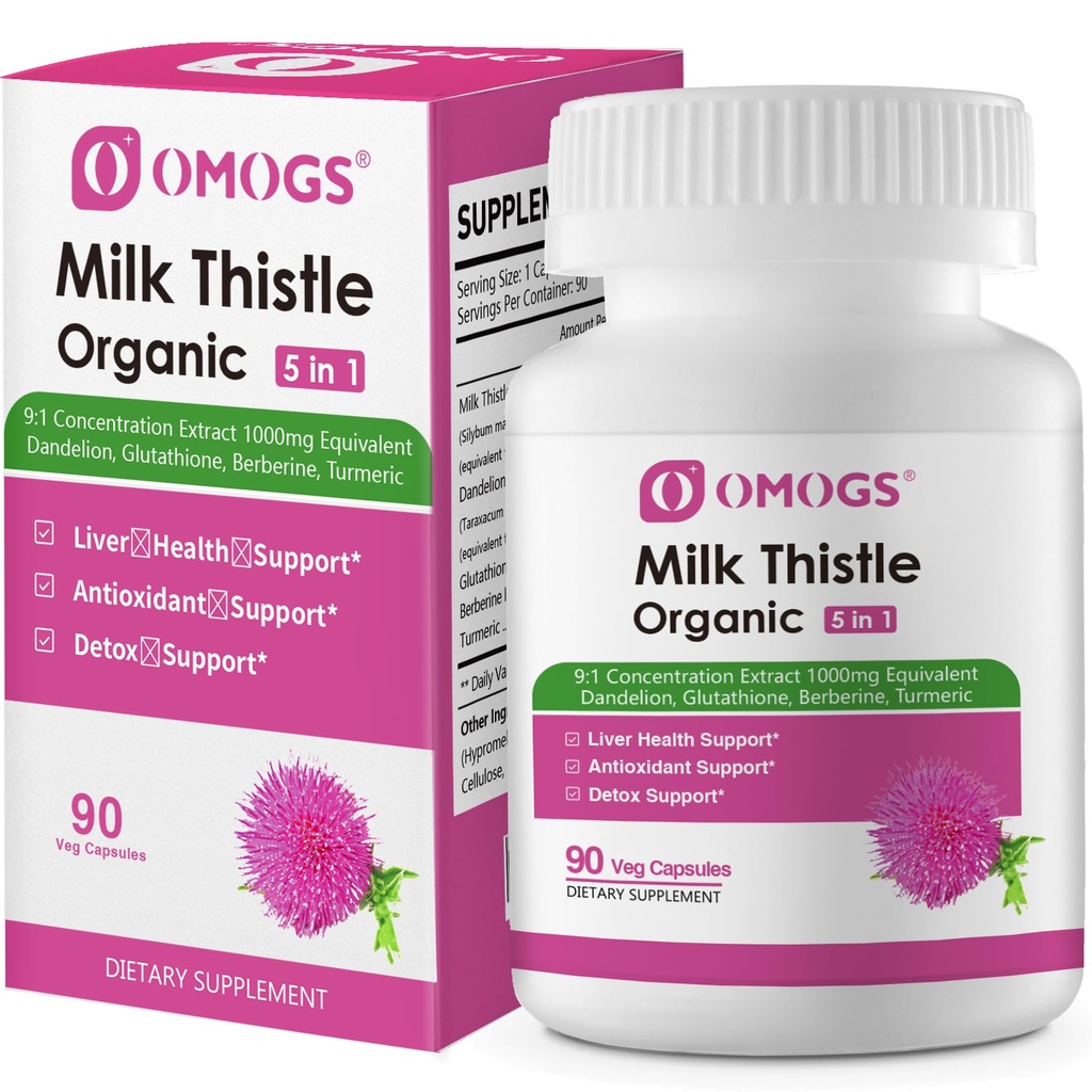 OMOGS Organic Milk Thistle, Bylinné Jaterní Support Milk Thistle Dodatek, s kořen pampelišky, Glutathione, Berberine HCL & Turmeric, Podpora Játra čištění Detox & Opravy, 90 Kapsle