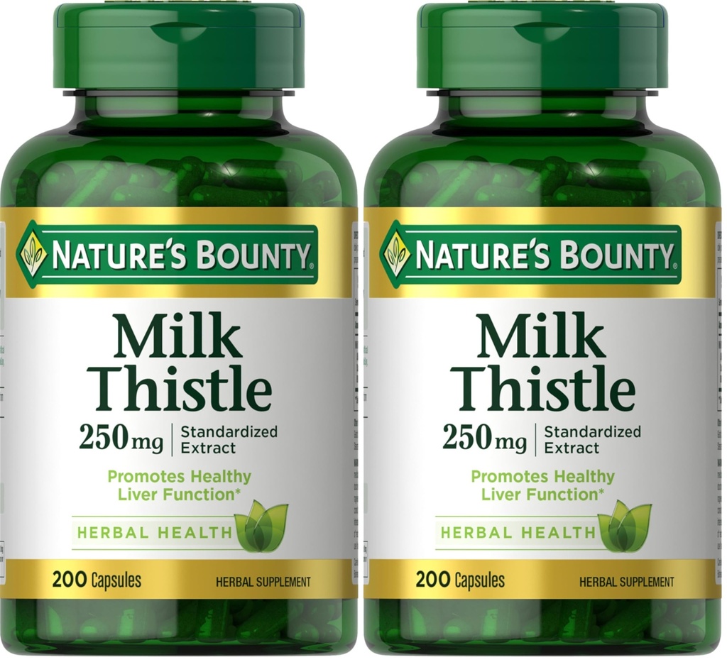 Příroda je Bounty Mléko Thistle Kapsle, Tradičně používané pro zdraví jater, Bylinný dodatek, 250 mg na servírování, 200 Počet (Balení po 2)