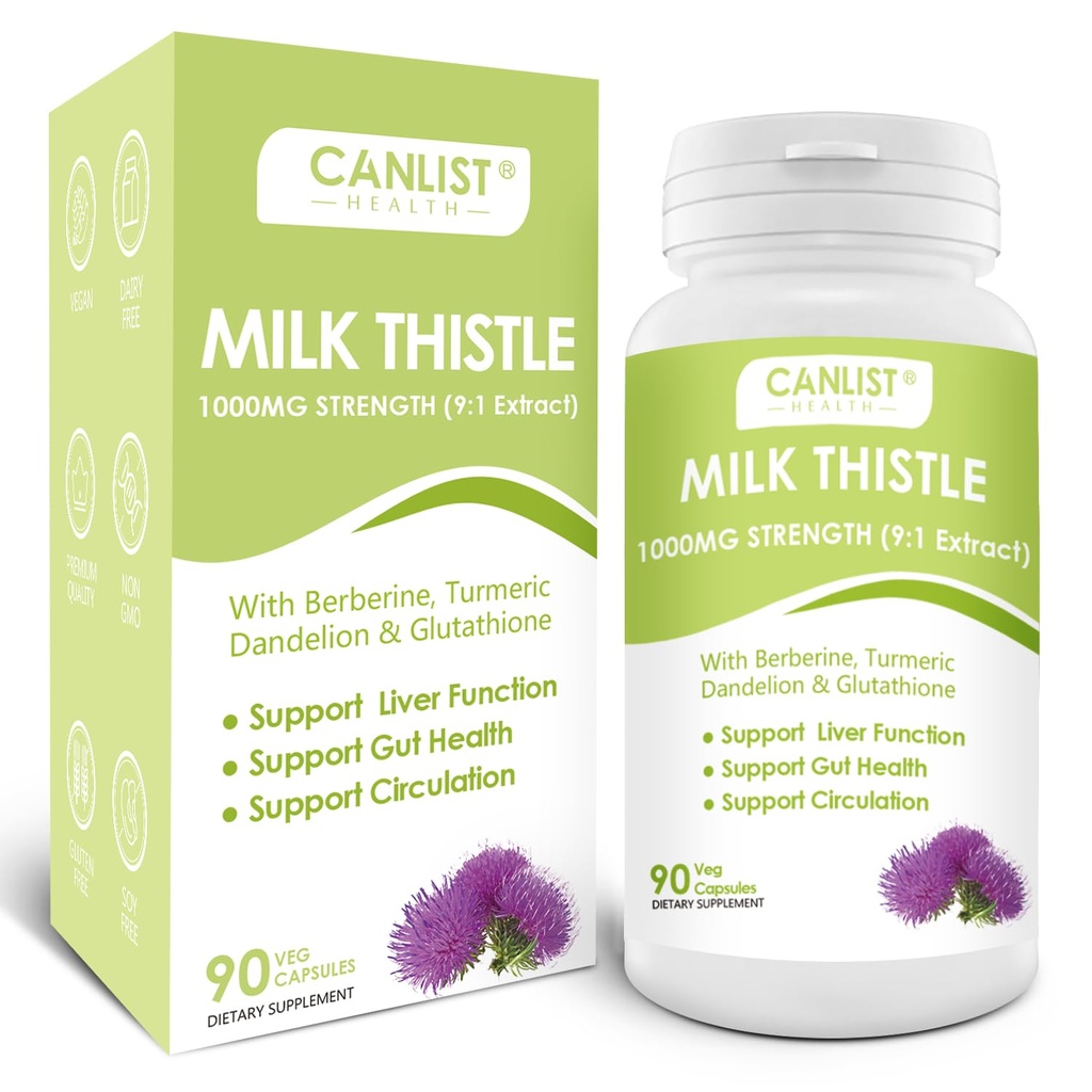 CANLIST Mléko Thistle Kapsle 1000mg, Potent 9: 1 Extrakt, Podpora jater, Detox & Cleanse, Antioxidant & Gut Health, Non- GMO, Gluten- Free, 90 Kapsle
