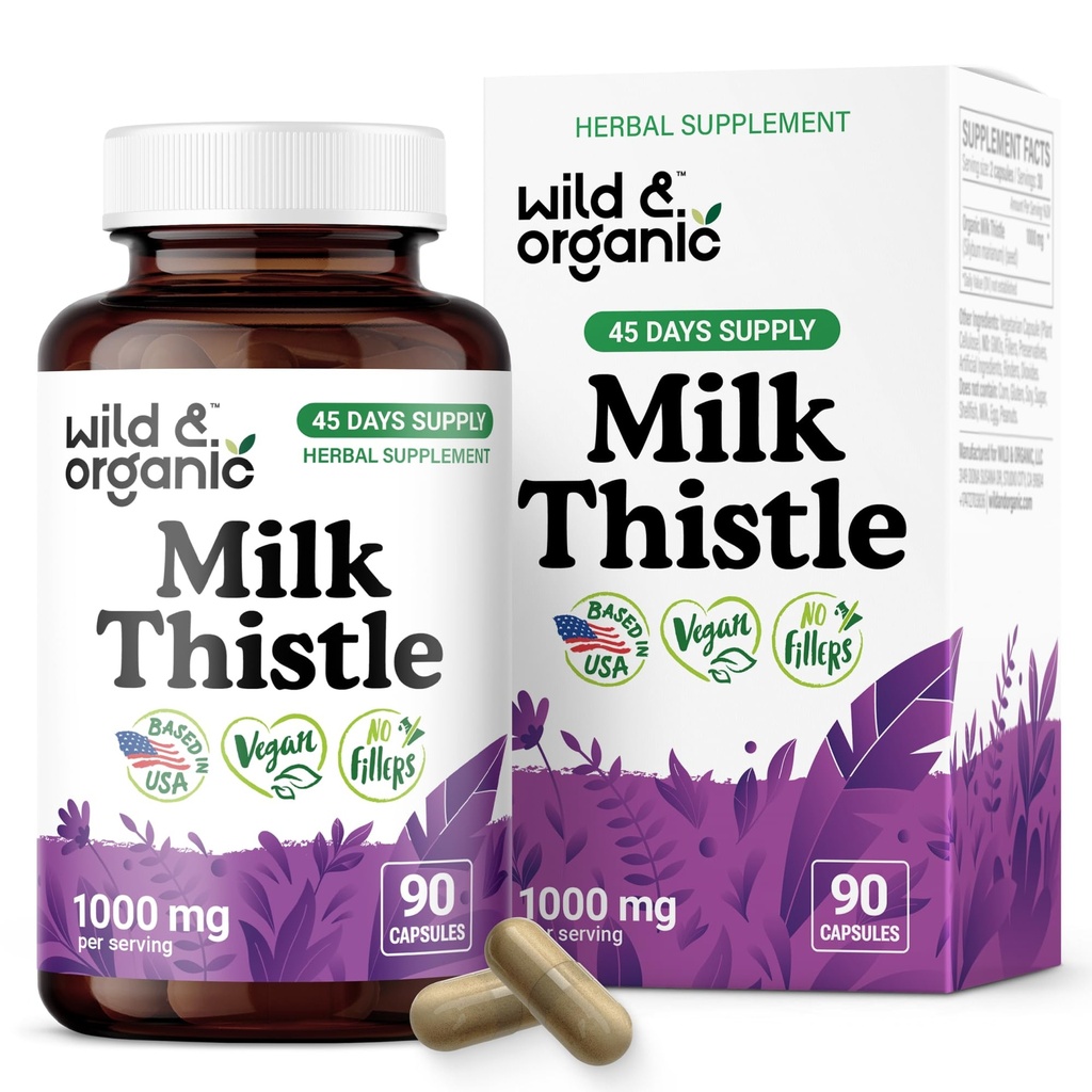 Wild & Organic Milk Thistle Capsules 1000mg - Játra Detox doplňky - Silymarin Milk Thistle prášek pro čištění jater - 90 Vegan Kapsle - 45- Days Supply - No Fillers, Non- GMO