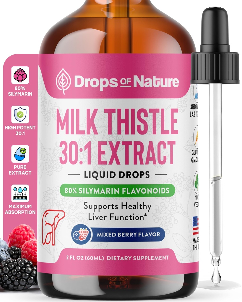 Mléko Thistle Drops s 80% Silymarin Flavonoids - Vegan, Non- GMO, Fast- Absorbing - Snadno míchejte s nápoji - Mléko Thistle Dodatek pro játra, imunitní péči a antioxidační podporu (Smíšené Berry, 60 ml)