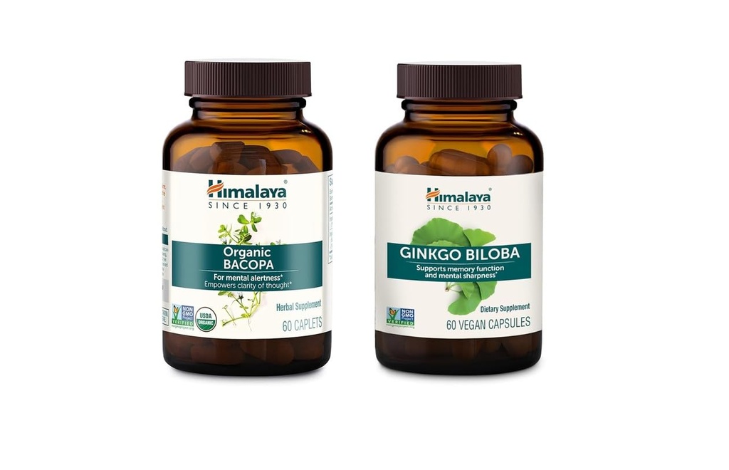 Himalaya Organic Bacopa Monnieri Nootropic & Ginkgo Biloba Variety Pack, Podporuje klid, paměť, kódování, USDA Certified Organic, Non- GMO, 750 mg, 60 Počet (balení po 2)