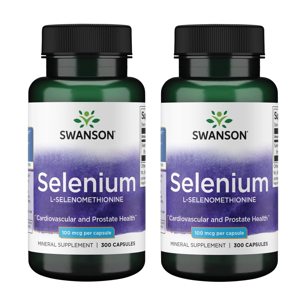 Swanson Selenium (L- Selenomethionin) - Bylinný doplněk na podporu zdraví a zdraví prostaty - May Support Imunitary System & thyroid Health - (300 kapslí, 100mcg každý) (2 balení)