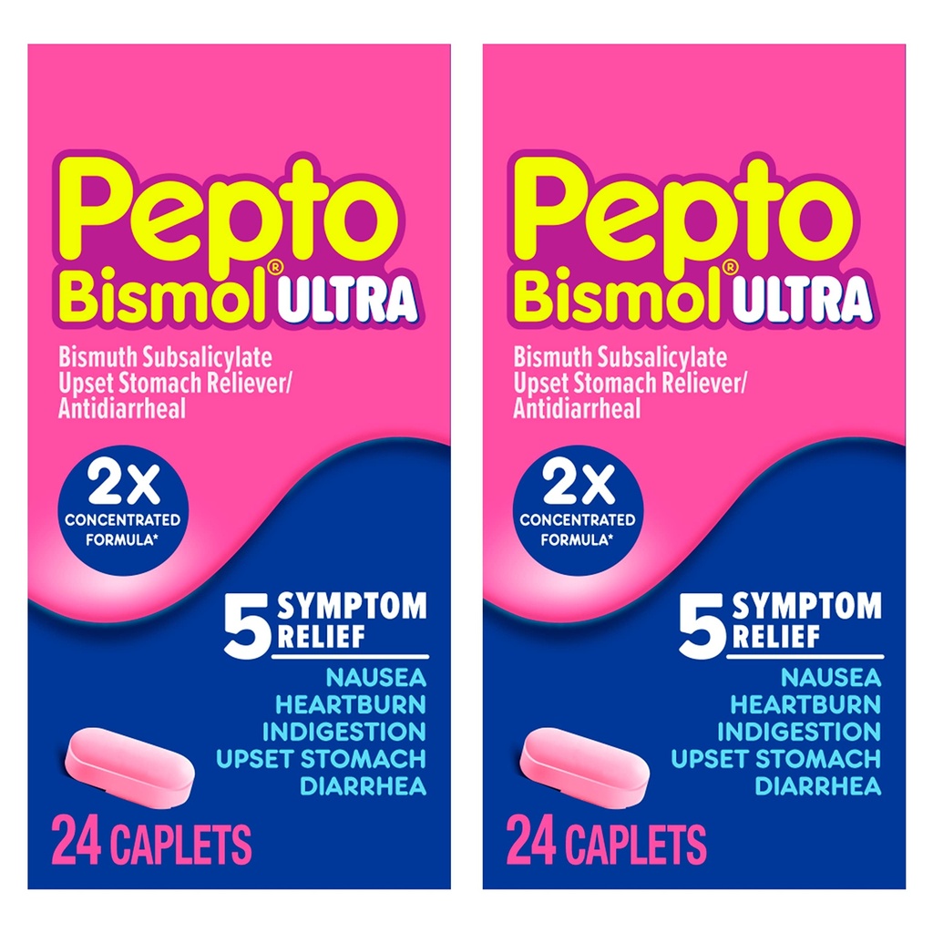 Pepto Bismol ULTRA Kaplety, Upset Stomach Relief, Nausea Relief, Heartburn Relief, Ingestion Relief, Anti Diarrhea Medikace pro dospělé - 5 Symptom Relief, 48 ct (2x24 ct)
