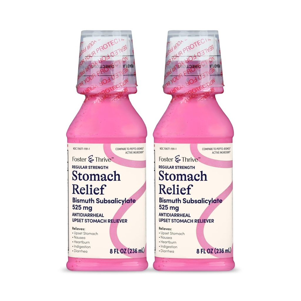 Foster & Thrive Stomach Relief Liquid for Nausea, Heartburn, Ingestion, Upset Stomach, Diarrhea - Fast Relief for 5 Symptoms, Antitreail, Bismuth Subsalicylas 525 mg, Original, 8 oz (Pack of 2)