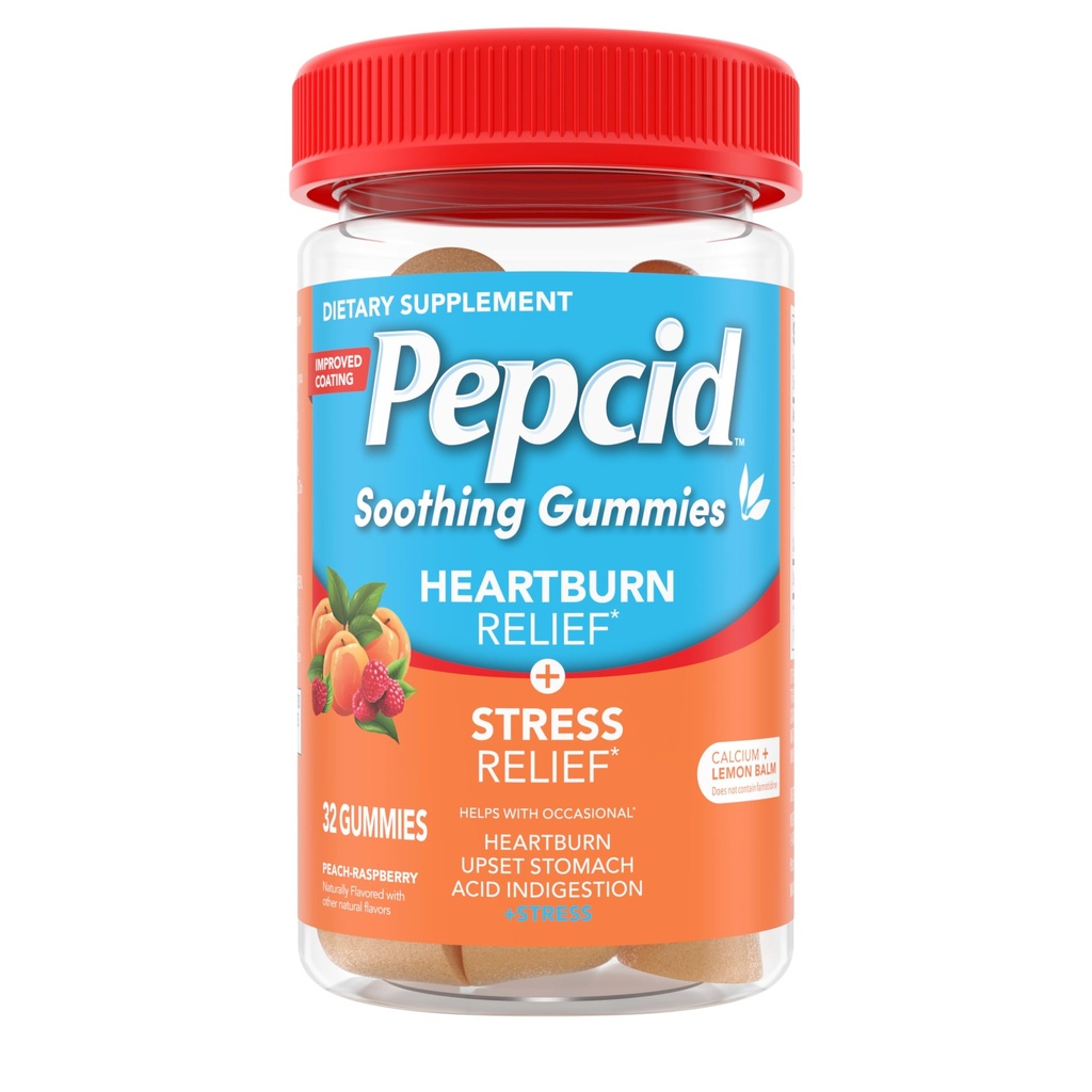 Pepcid Soothing Antacid Gummies, Heartburn Relief + Stress Relief for Occasional Heartburn, Upset Stomach, and Acid Indigestion, with Lemon Balm Extract, Tricalcium Fosfát, Peach- Raspberry, 32 ct