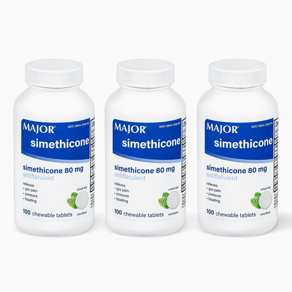MAJOR Simethicone Gas Relief 80 mg - Anti Flatulence, Bloating and Gas Pressure Aid - 100 žvýkací tablety (3 balení)