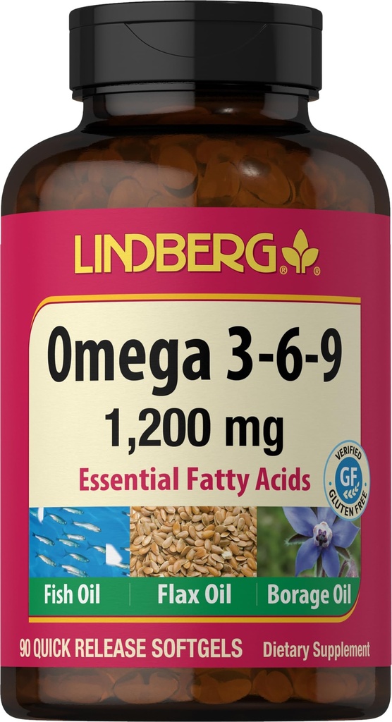 Lindberg Omega 3 6 9 Doplňky 124; 1200mg Oil 124; 90 Softgels Omega 124; Esenciální mastné kyseliny Omega 124; s rybami, Flax, a Brutnákový olej 124; Non- GMO, gluten zdarma
