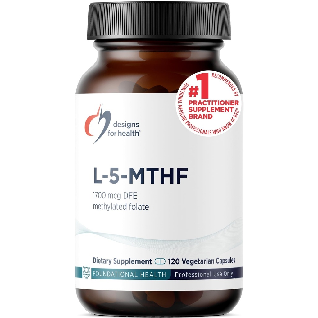 Designy pro zdraví L 5-MTHF - Quatrefolární L Metylfolát dodatek 1mg (1700mcg DFE) - Metylovaný folát dodatek pro ženy a muže - Podporuje methylaci - Non- GMO, gluten zdarma (120 Kapsle)