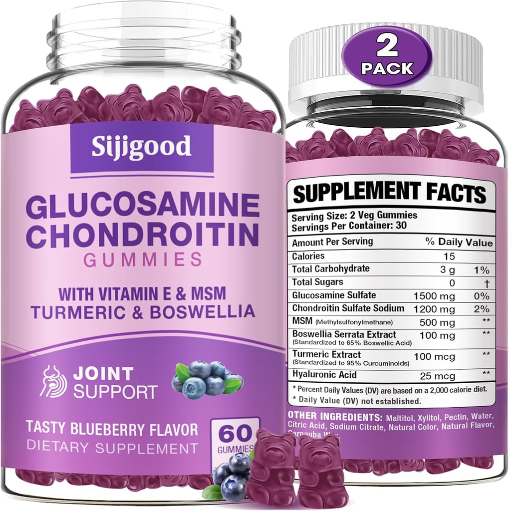 2 Pack Glucosamine Chondroitin Gummies, Extra síla Glucosamine Chondroitin MSM s Elderberry & Turmeric, Joint Health, Flexibility, Antioxidant, Imunita pro adults- Borůvkové ochucené, 120 Gummies