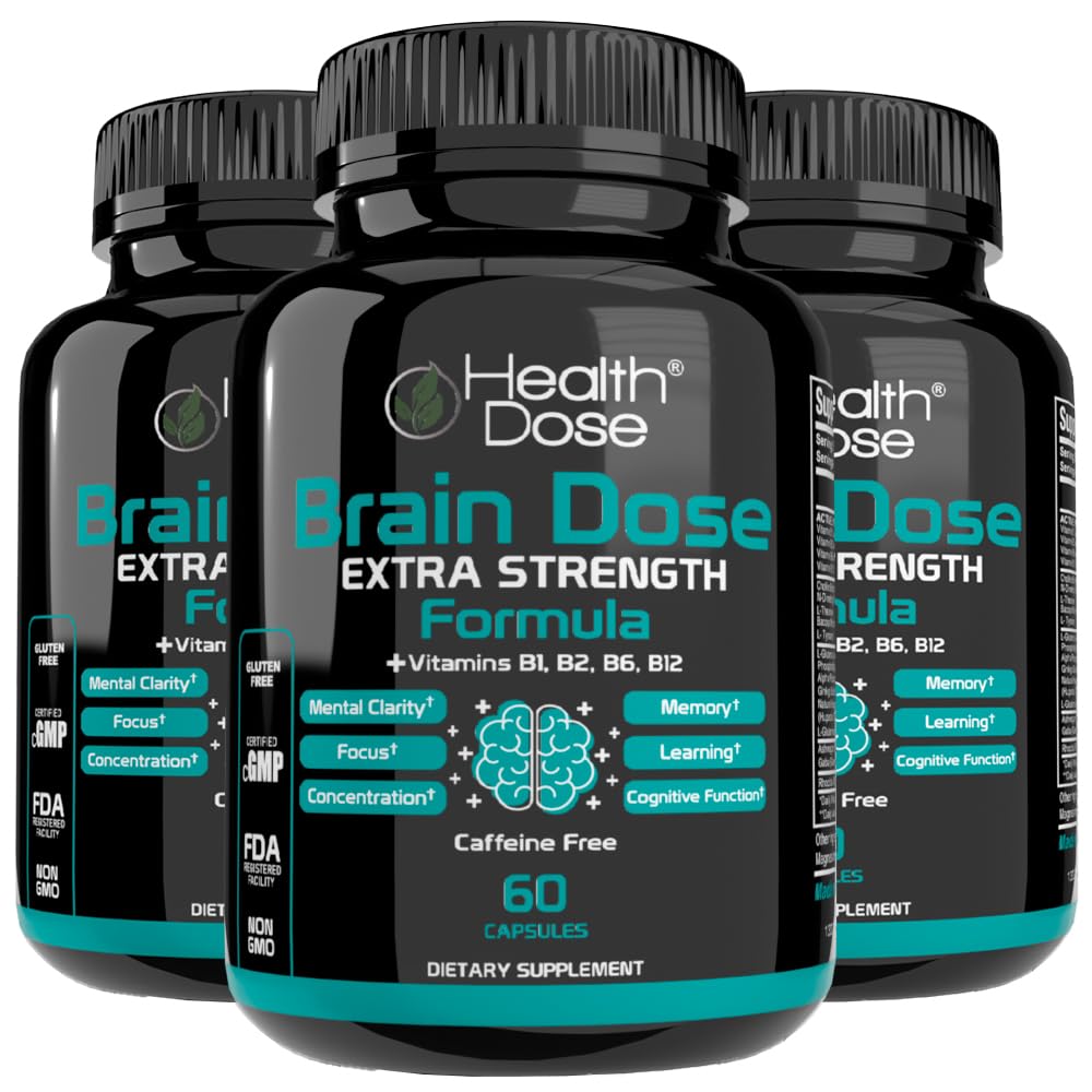 Zdraví Dávka Brain Premium Nootropics - Caffeine- Free Extra Strength Formule pro muže a ženy - Podporuje zdraví mozku, Kognitivní Zaostření a paměť, Balení po3.