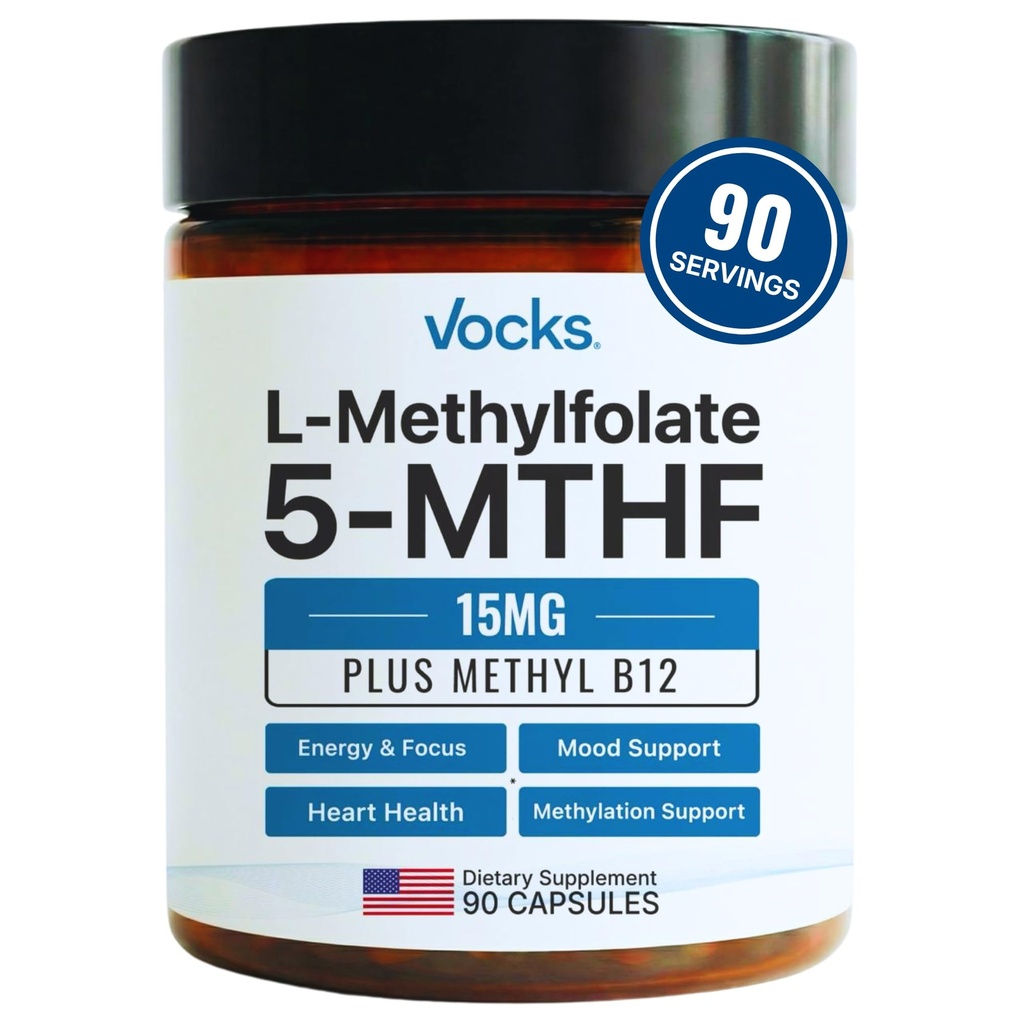 Vocks L Methylfolát 15mg 5-MTHF + Methyl B12 CZ124; High Potency Methylfolát Supplementary CZ124; Active Metylovaný folát vitamin B9 CZ124; MTHFR Supplementary CZ124; Folátové doplňky pro ženy a muže CZ124; 90 Kapsle