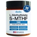 Vocks L Methylfolát 15mg 5-MTHF + Methyl B12 CZ124; High Potency Methylfolát Supplementary CZ124; Active Metylovaný folát vitamin B9 CZ124; MTHFR Supplementary CZ124; Folátové doplňky pro ženy a muže CZ124; 90 Kapsle