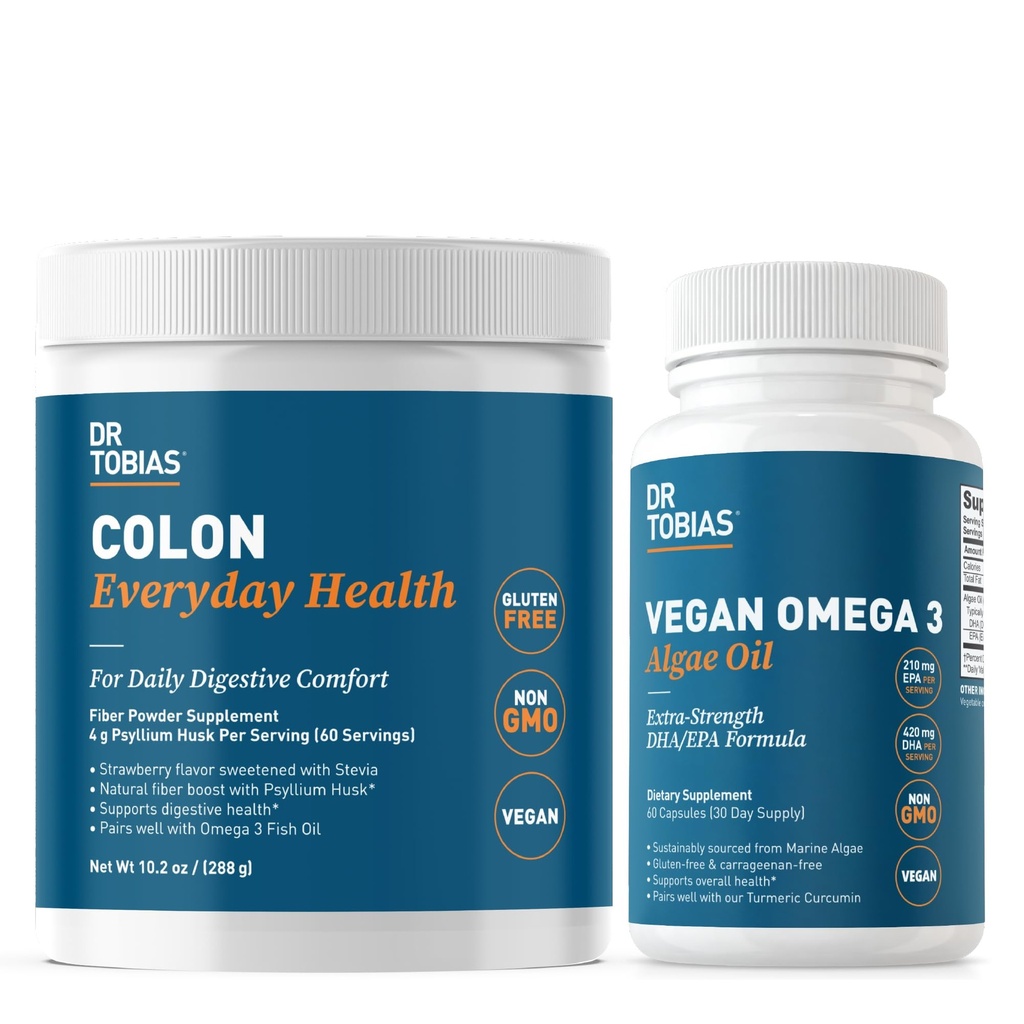 Dr. Tobias Colon Everyday Health & Vegan Omega 3 Algae Oil - Digestive Wellness and Daily Health Support with Psyllium Husk and DHA EPA Omega 3s, Vegan, Non- GMO