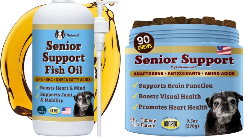 Natural Dog Company Senior Dog Bundle - Omega 3 Fish Oil Liquid 16oz & Senior Wellness Chews 90ct - Podpora mobility, mozku, srdce a očí zdraví s kurkumou, losos, Lví hříva & Omega-3s