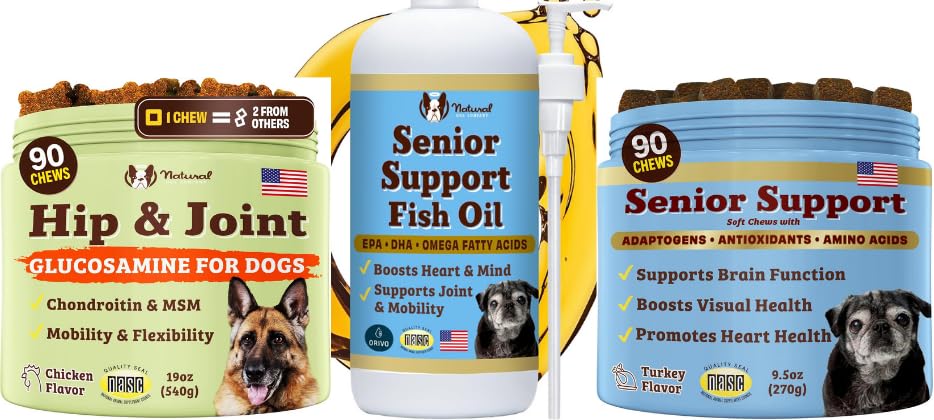 Natural Dog Company Senior Dog Bundle - Omega 3 Fish Oil 16oz + Senior Wellness Chews 90ct + Hip & Joint Chews 90ct - Support Joints, Brain, Heart, Eyes, Skin & Mobility with Omega-3s, Lion 's Mane & G