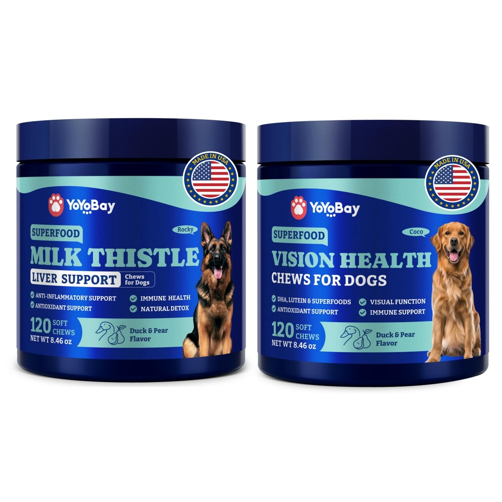 Psí oko a játra Wellness Bundle - Vision Support Chews with Antioxidants and Omega-3s Plus Mléko Thistle Jaterní Detox Chews with NAC and Curcumin - Přírodní denní zdravotní podpora pro psy všech plemen