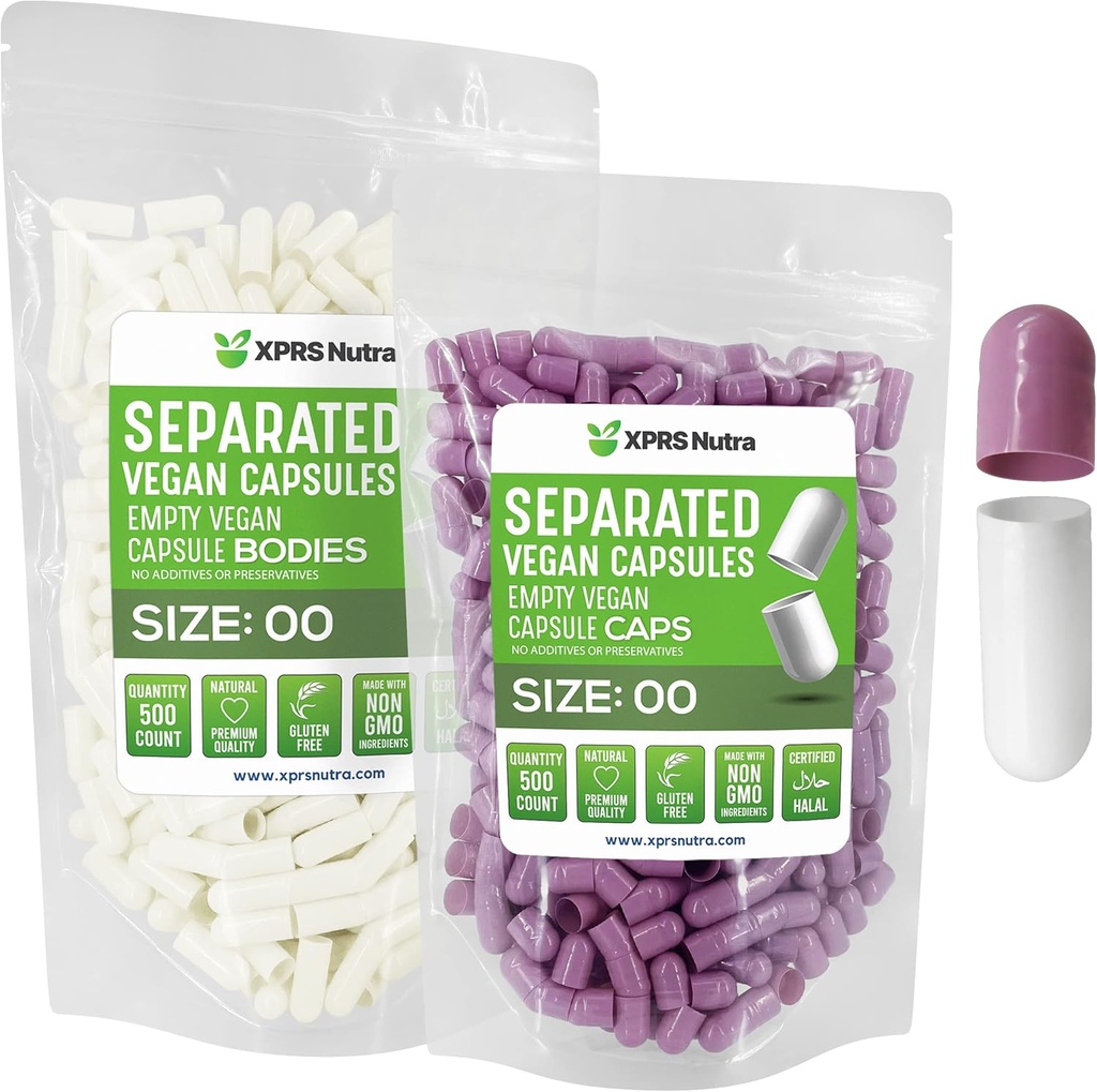 XPRS Nutra Vegan Velikost 00 Oddělené kapsle - 500 Hrabě Premium Prázdné kapsle Oddělené v sáčcích - 00 Pills Prázdné pro DIY Supplement Filling (Lavender / White)
