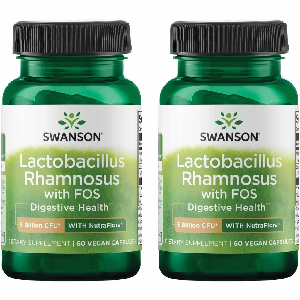 Swanson Lactobacillus Rhamnosus s FOS - 5 miliard CFU - Podpora trávicího zdraví s Fructooligosacharidy - Probiotická podpora pro gastrointestinální zdraví * - Vegan - 60 Veggie Caps (2 balení)