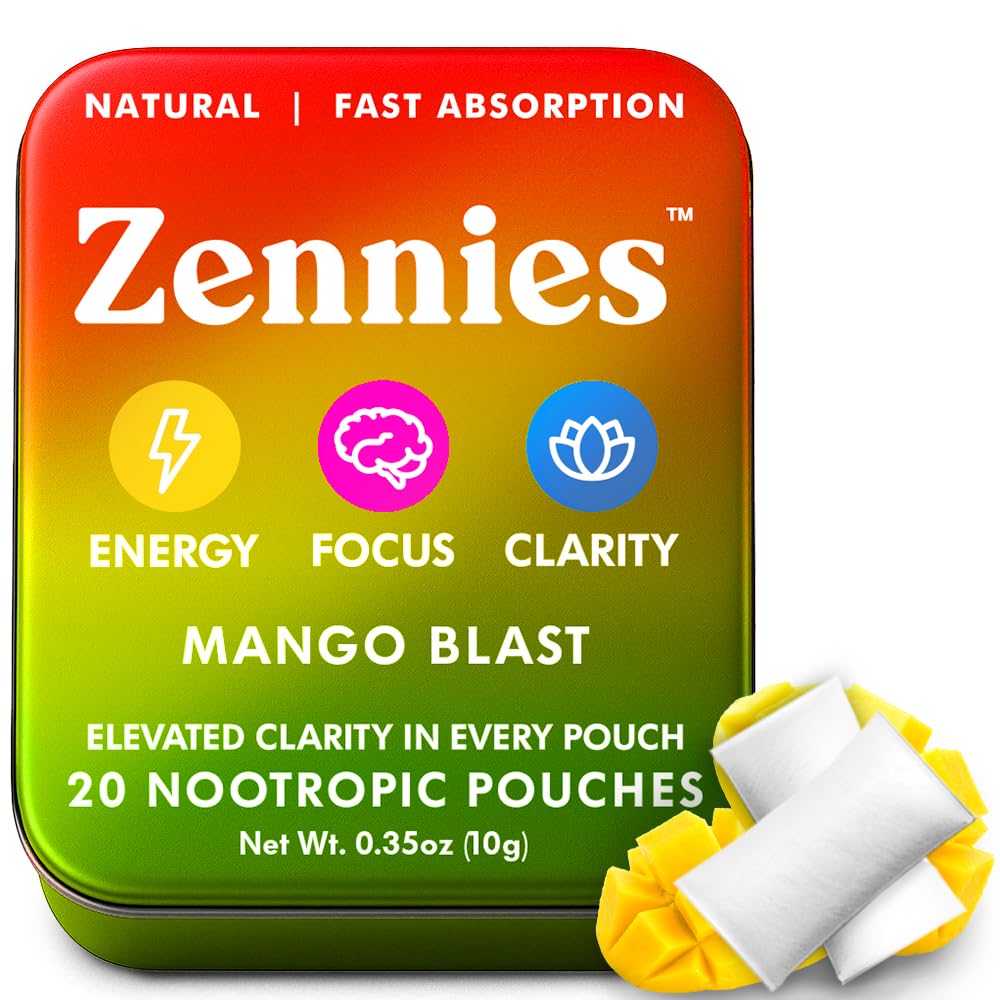 Zennies Kofein Nootropní Pouches s Alpha GPC, L-Tyrosin & L-Theanine, Lion 's Mane, Cordyceps, Reishi - Nicotine Free, No Cukr nebo umělé sladkosti Nootropní energetické Pouches, Mango Blast 1 PK