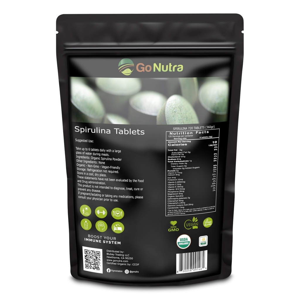 Go Nutra Organic Spirulina Tablety CLAS124; Nutrient Dense Organic Spirulina Superfood CLAS124; Protein, Vitaminy, Minerály, Vlákna, Amino Acids CLAS124; No Fillers, Non- GMO, Vegan CLAS124; 500 mg, 720 ct, 4 Měsíční dodávky