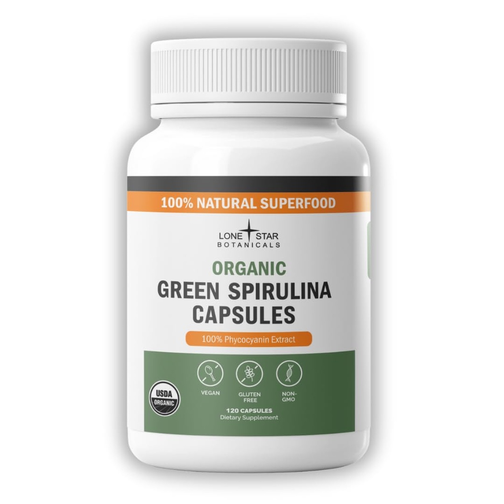 Lone Star Botanicals Organic Spirulina Kapsle - 100% čisté modro-zelené řasy, No Fishy Smell, Superfood dodatek, Vegan, Non- GMO, gluten- Free (120 Počet, zelená Spirulina)