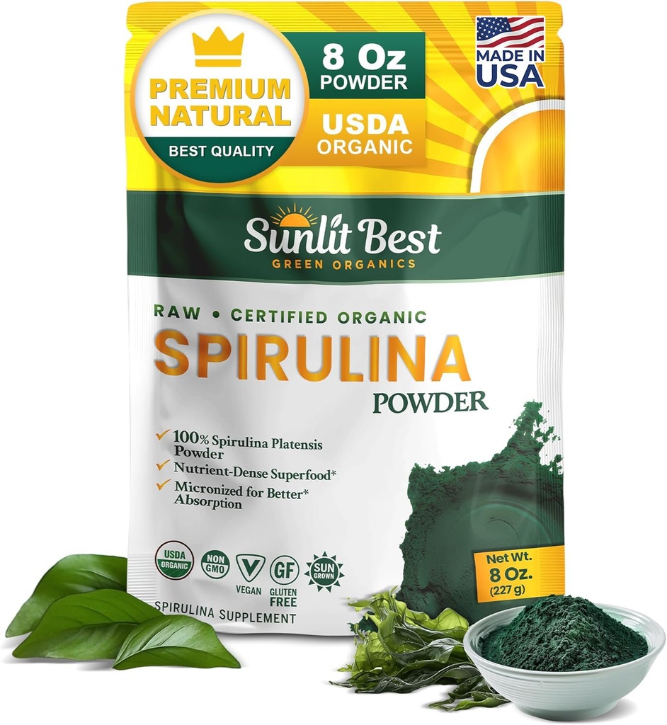 Sunlit Nejlepší Spirulina Powder Organic USDA - chlorofyl, rychlá absorpce, blue- Green Spirulina Řasy, Syrový Vegan Protein - Non- GMO, gluten Free Superfood Energy, Gut, Imunitative Supplement - 8 Oz