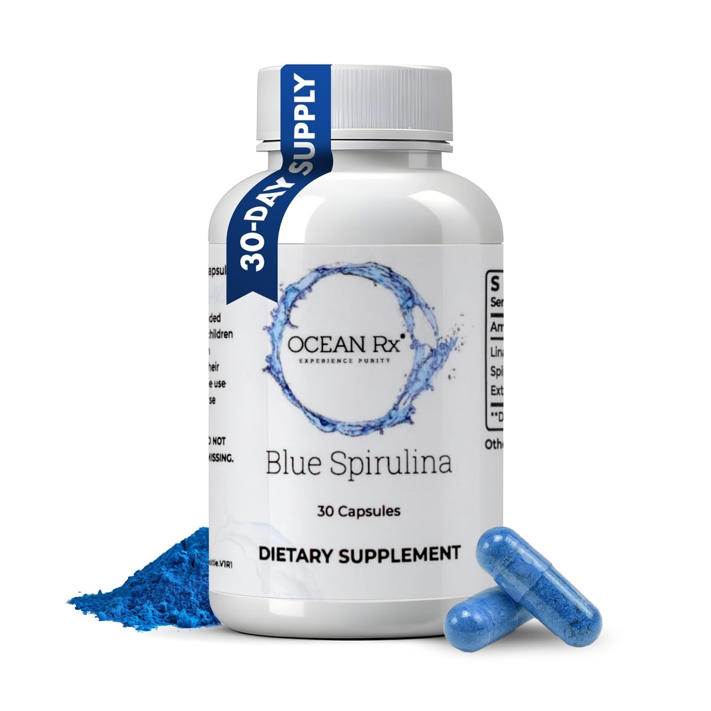 Organic Pure Blue Spirulina Kapsle 124; Přírodní Superfood 124; Prebiotický Phycocyanin dodatek 124; Healty Skin, Oral Health, & Wound Recovery 124; 30 Serving Bottle
