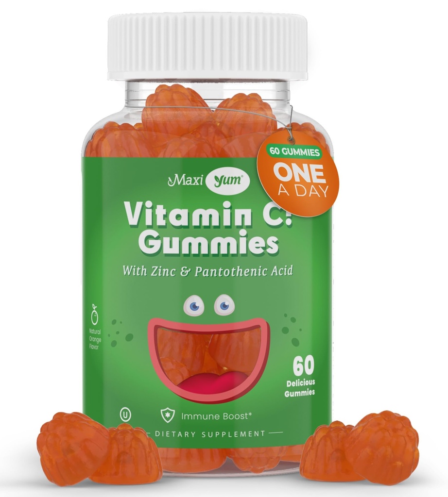 Maxi- Zdravotní vitamin C Gummies se zinkem - Maxi- Zdravotní vitamin C se zinem pro děti a dospělé - Respirační podpora a imunitní posilovač - Žádné konzervanty a umělé příchutě - 60 Ovocně tvarované gumy