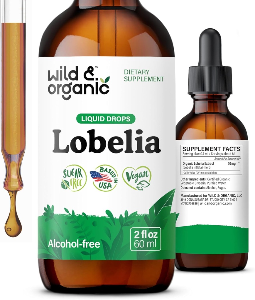 Wild & Organic Lobelia Tincture - Bylinné lunga Cleanse and Detox - Liquid Lobelia Extract Supplement - Vegan, Sugar & Alcohol- Free Herb Drops - 2 fl oz