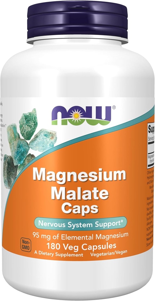 Nyní Potraviny doplňky, Magnesium Malate Caps s 95 mg Elemental Magnesium, Podpora nervového systému *, 180 Veg Kapsle