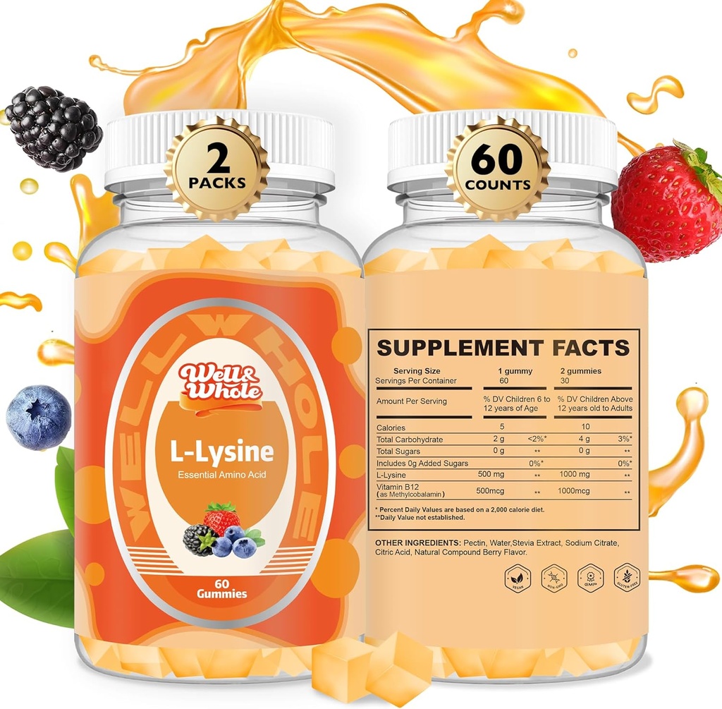 L- lysinové gumy 1000mg - L- lysinové doplňky pro děti a dospělé - Lip a Cold Sore * Podpora žen - Žvýkací lysinové gumy s vitamínem B12 - Vegan, Non GMO, gluten- Free, 120 Counts