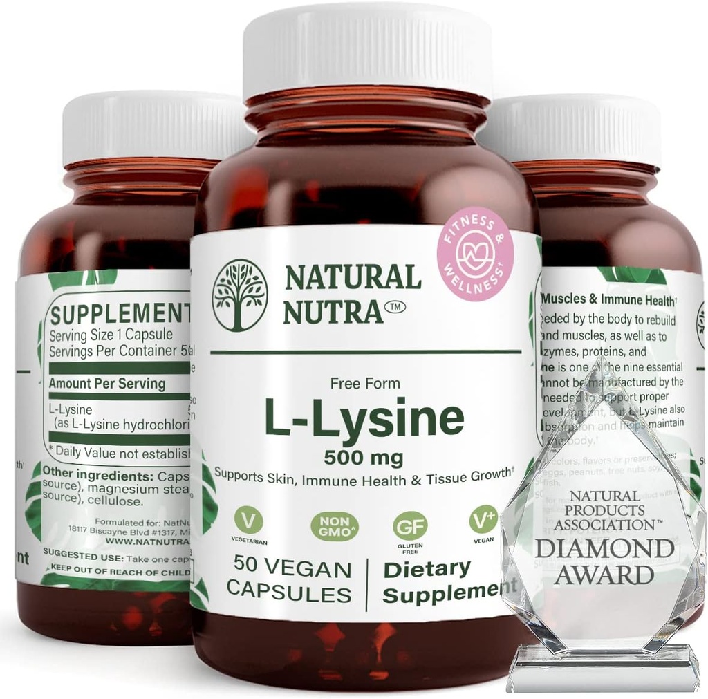 Natural Nutra L Lysin HCl, Promotes Bone Health and Growth, Support Skin Health, Zlepšit absorpci vitaminu C, Pomáhá stavět kolagen, Zlepšit absorpci vápníku, Non- GMO, Vegan, 500 mg, 50 Kapsle.