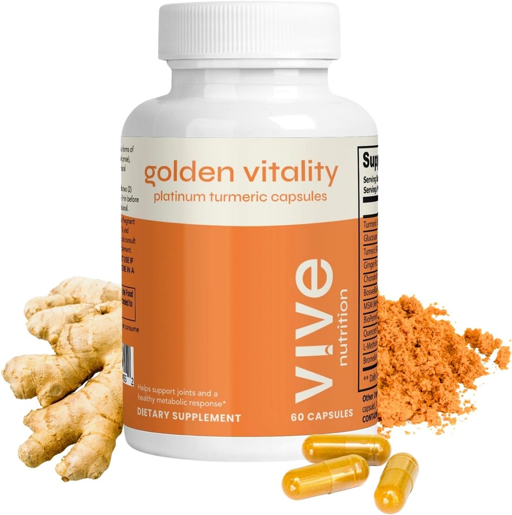 Zlatá vitalita Kurkumin Kapsle - Platinum Směs s 95% kurkuminoidy, Glucosamine, Chondroitin, MSM & BioPerine - Joint & Bone Support - 60 Počet, 30 dní Dodávka