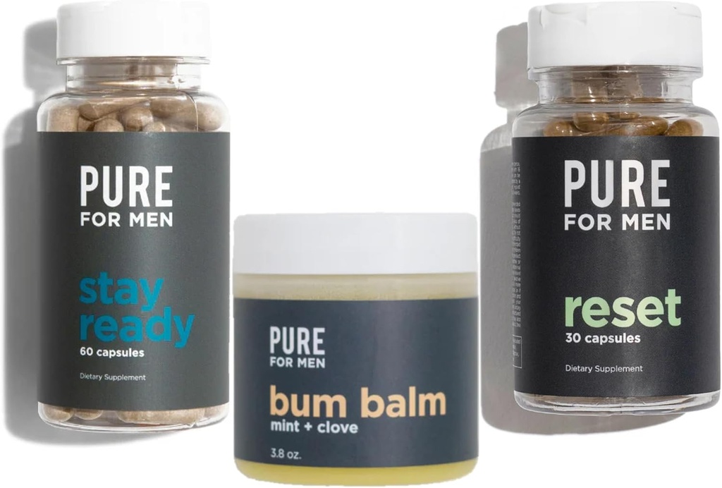 Pure for men Stay Ready Fiber (120 Count), Bum Balm & Reset (30 Count) Bundle