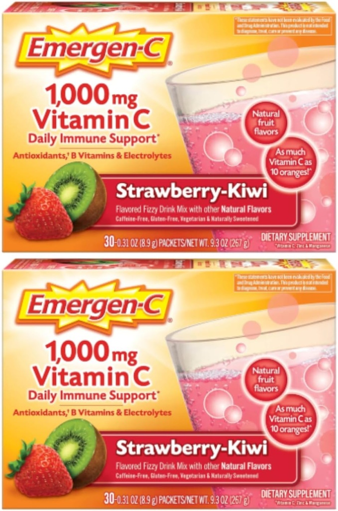 Emergen- C 1000mg vitamin C prášek, jahodové Kiwi Flavor, antioxidanty, B vitaminy a elektrolyty, vitamín C doplňky pro imunitní podporu, 30 Počet (balení po 2)