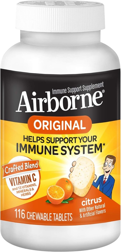 Airborne 1000mg vitamin C + Zinek Imunitate Supplement Chewable Tablety, Citrus Flavor s výkonnými antioxidanty Vitamíny A C & E, 116 Žvýkací Tablety (3 balení)