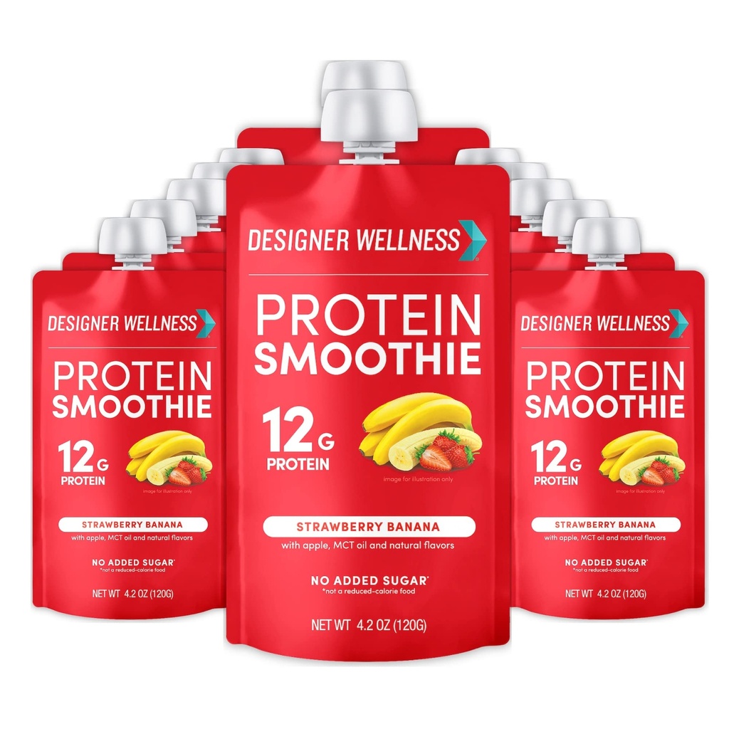 Designer Wellness Protein Smoothie, Real Fruit, 12g Protein, Low Carb, Zero Added Sugar, Gluten- Free, Non- GMO, No umělé barvy nebo příchutě, Strawberry Banana, 12 Počet