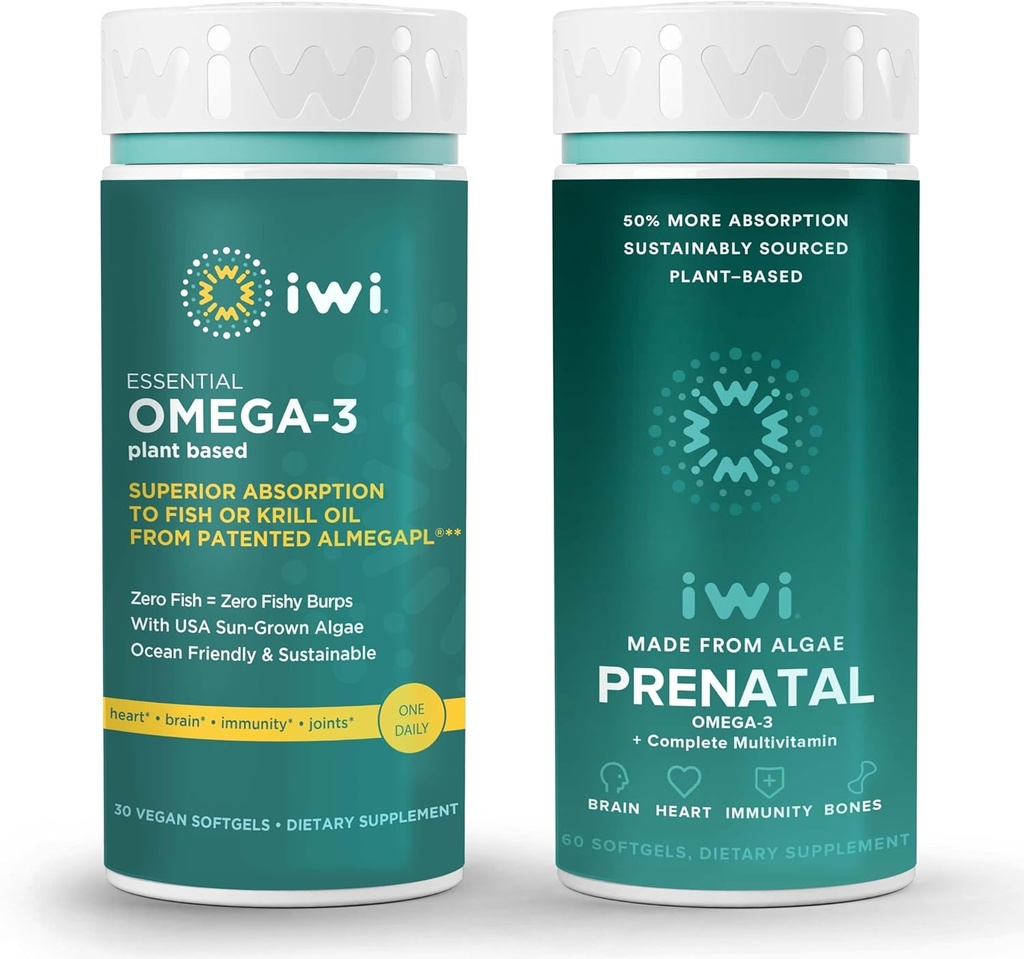 Iwi Omega33 Essential & Prenatal Multivitamin Bundle, 30 Servings, Vegan Plant- based Algae Omega 3, Krill & Fish Oil Alternative, No Fishy After taste