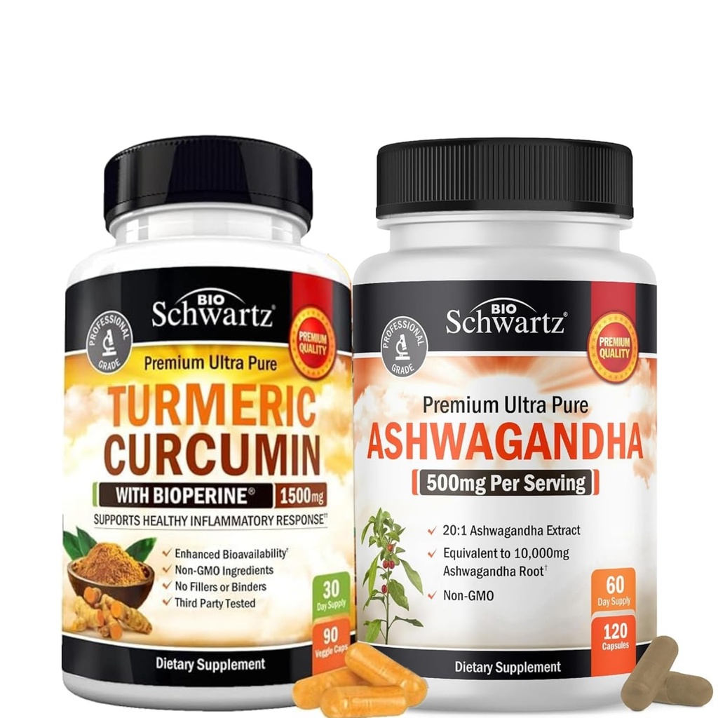 Extra síla Ashwagandha Kapsle (2 měsíční zásoba) Plus kurkumin s Black Pepper Extract 1500mg Complex (Zkušební velikost)