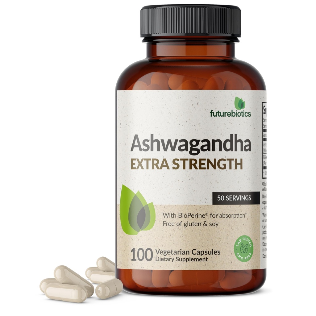 Futurebiotika Ashwagandha Extra síla Stress & Mood Podpora s BioPerine - Non GMO Formule, 100 Vegetariánské kapsle