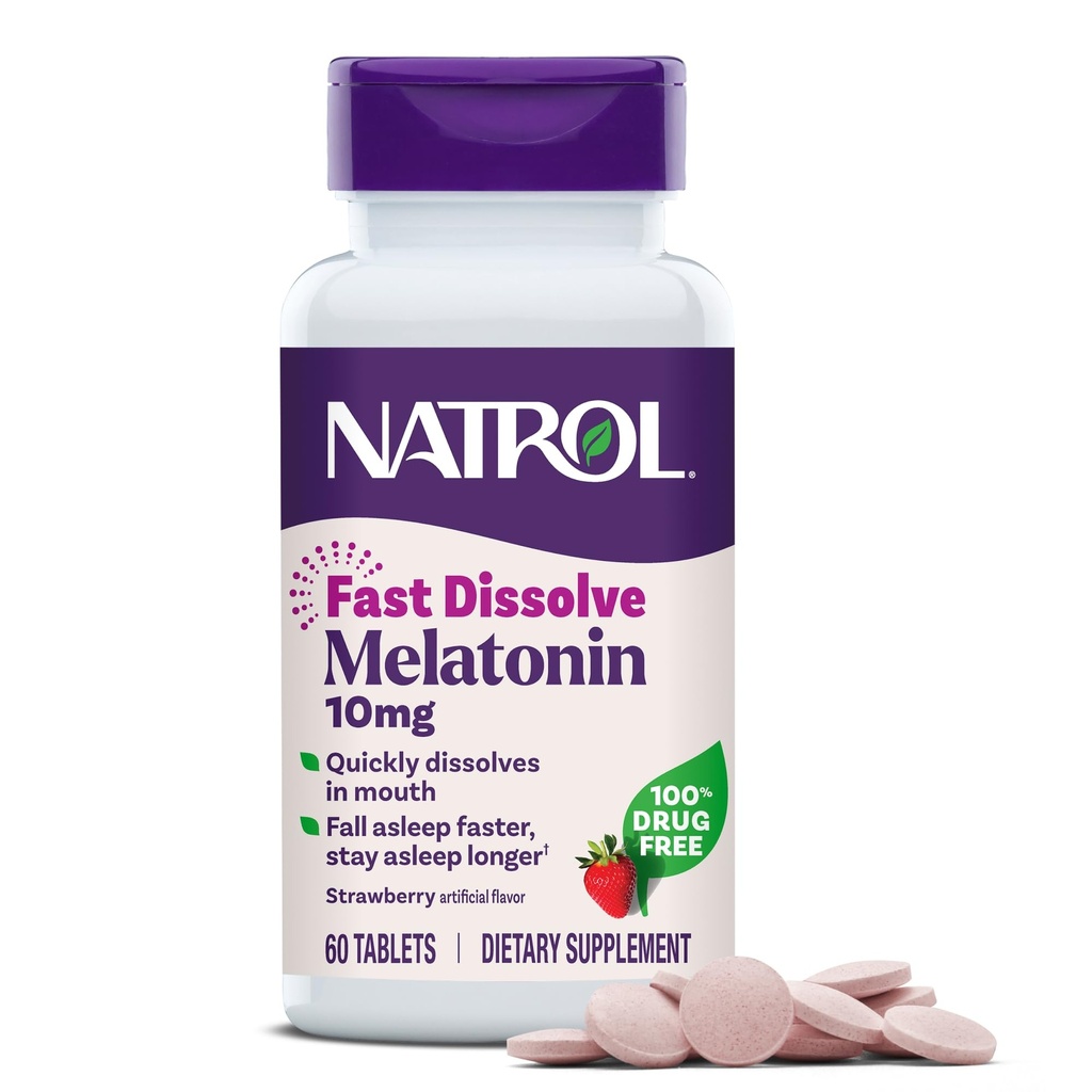 Natrol Melatonin 10mg Fast Disolt Tablety - Jahodové ochucení, 60 Počet, Podpora spánku, Rychlé rozpuštění melatonin pro dospělé, 60- denní zásobování