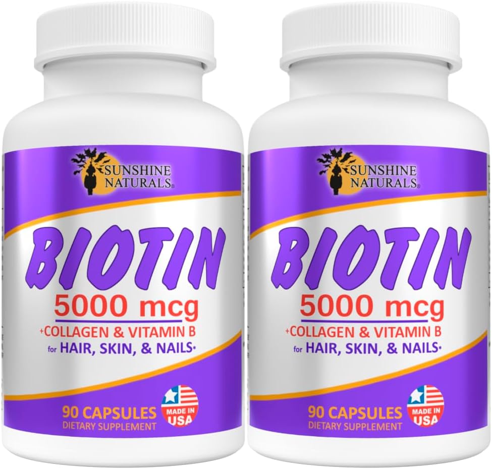 Sunshine Naturals Biotin dietární doplňk. pro zdravější pleť, silnější vlasy, růst nehtů. Kolagen, vitamín A, B pro vypadávání vlasů, krása, obnova buněk, zdraví skalpů. 5000 mcg. 90 Kapsle. Balení po 2 ks