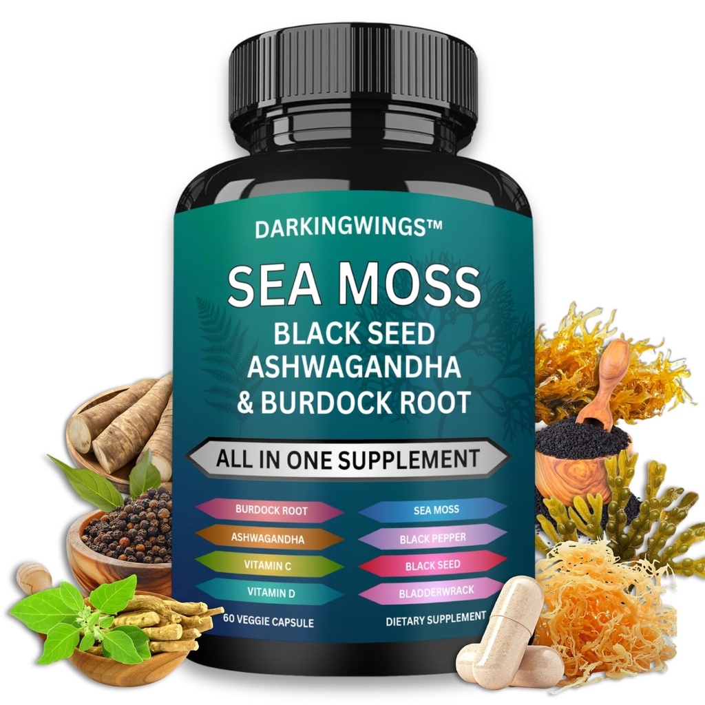 Sea Moss Advanced - Sea Moss 3000mg Black Seed Oil 2000mg Ashwagandha 1000MG Bladderwrack 1000mg Burdock 1000mg & Vitamin C Vitamin D3 Pro doplňky vlasů kůže 124; Muž a ženy 124; 30 dní zásobovací kapsle